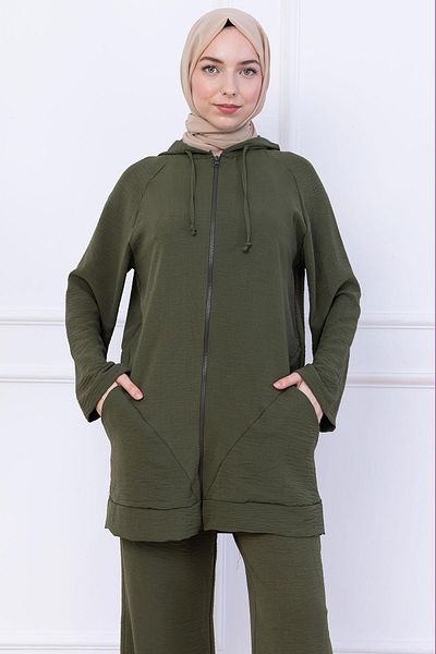 hafsamina Hooded Kangaroo Pocket Zippered Ayrobin Suit Khaki Hm2731