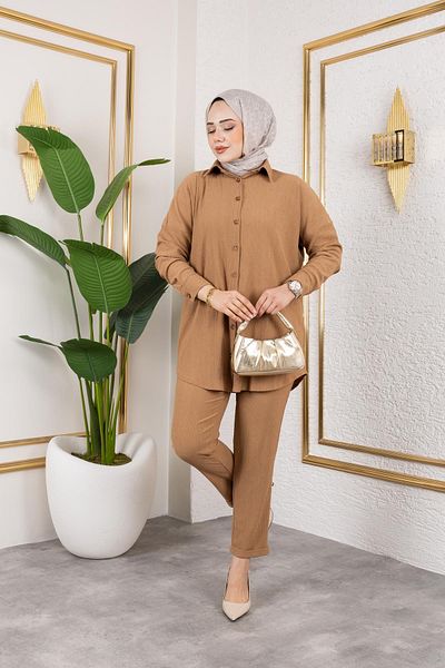 Moda Ebva Μπροστινό Κουμπωτό Διπλό Σετ-5027 Latte