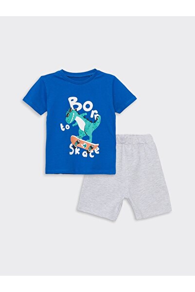 LC Waikiki Lcw Kids Blue Crew Neck Printed Baby Boy T-Shirt and Shorts 2-Piec...