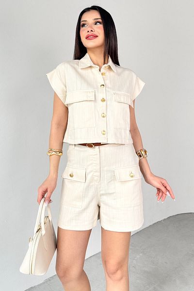 Cappmoda Tkm-13267 Stone Color Pocketed Crop Vest Shorts Linen Double Set