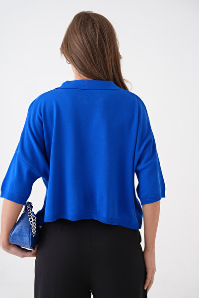 barış sülün lovebox Жіночий поло з низьким коміром, коротким рукавом, оверсайз, кроп-топ, синій трикотажний блуз 002