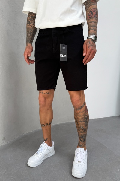 MADZEYMODA Μαύρο τζιν υφασμάτινο ανδρικό τζιν σορτς KE-463