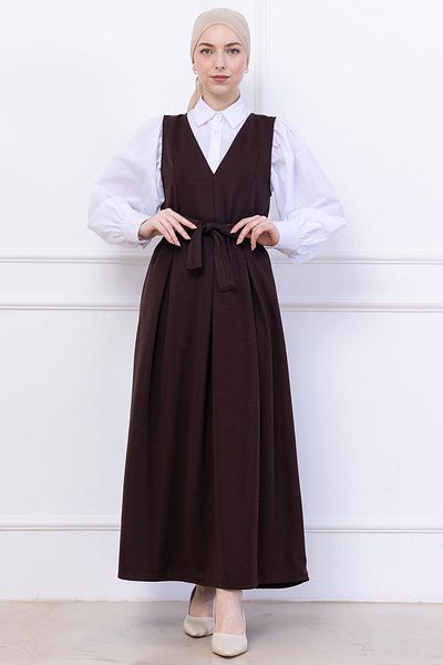 hafsamina Belted Pleated Knitted Gilet Dress Brown Hm2736