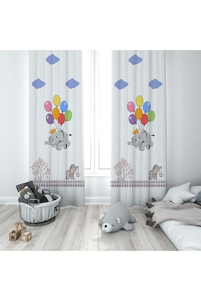 Talia Home Flying Elephant Patterned Children's and Baby's Room Background Curtain 2 Wings Tla-257