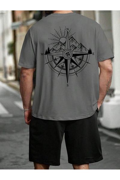 BYMEER Smoked Back and Front Compass Printed Bottom Top Shorts T-Shirt Set