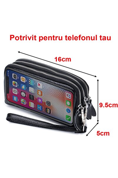 OEM Portofel dama piele naturala, 3 compartimente, curea mana, incapator, 16x9.5x5 cm, Negru