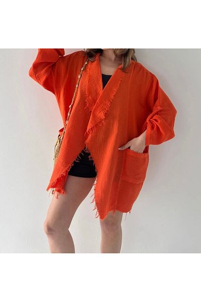 ByEsila Tassel Stitching Shawl Collar Oversize Muslin Thin Jacket
