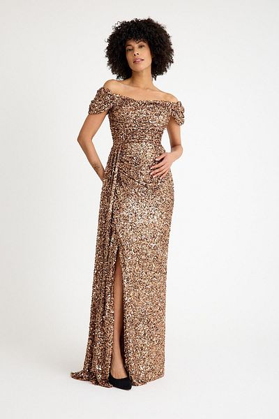 SpringStore Copper Off Shoulder Sequin Sequin Evening Dress