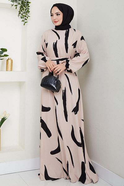 hafsamina Brush Patterned Summer Viscose Dress Beige Hm2730