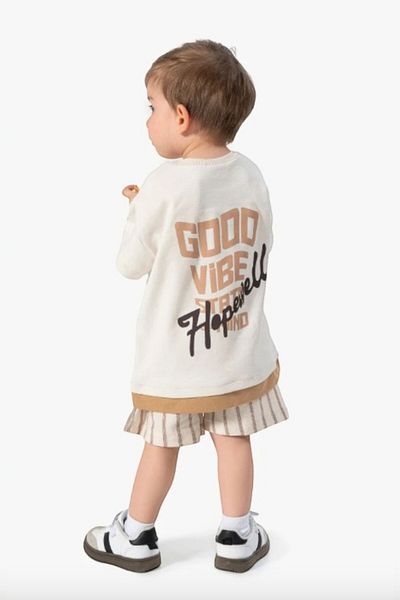 damdamin 100% Cotton Baby Boy Front & Back Printed T-Shirt & Pocket Elastic Waist Striped Shorts Set