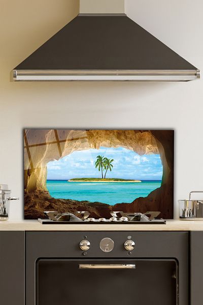 Rosyvien Protector din spate pentru aragaz din sticlă Tropical Island Scenery, protecție pentru blat încorporat în bucătărie cu temperat și rodaj