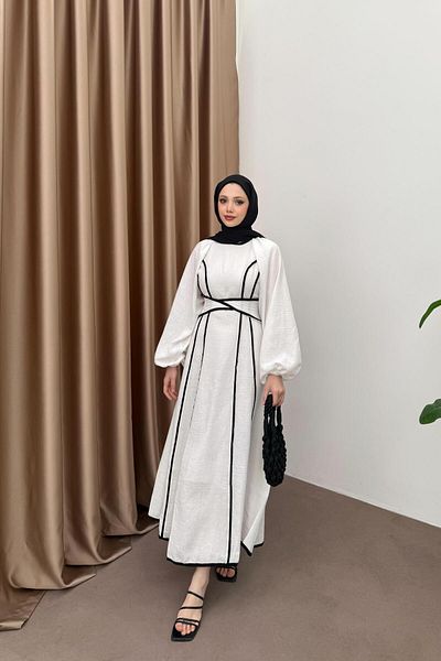 QUQA Striped Linen Dress with Waistband - Ecru