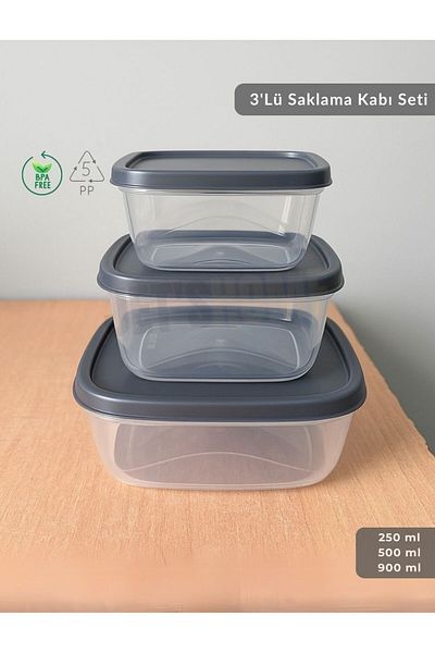 Jet's Home Set of 3 Storage Containers Square Food Container Bpa Free Suitable for Deep Freezer 250-500-1500 ml