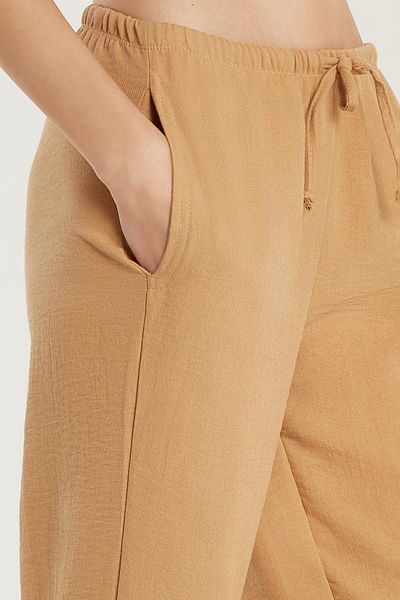 Tudors Women's Regular Fit Tie Waist Linen Wide Leg Beige Trousers