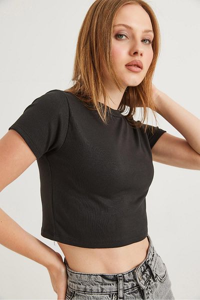 Raneel Kazançlı Alışveriş Crew Neck Stretchy Crop Blouse Black