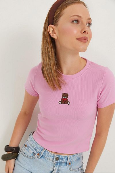 Raneel Kazançlı Alışveriş Teddy Bear Embroidered Stretchy Crop Blouse Pink