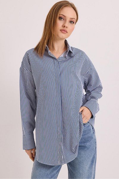 Raneel Kazançlı Alışveriş Cămașă Basic Oversize cu dungi Bleumarin
