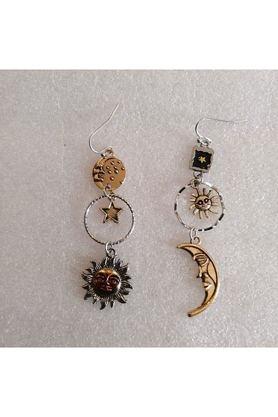 Butik Tülin Authentic Silver Bronze Moon Star Sun Dangle Earrings 7X2 cm Indian Made