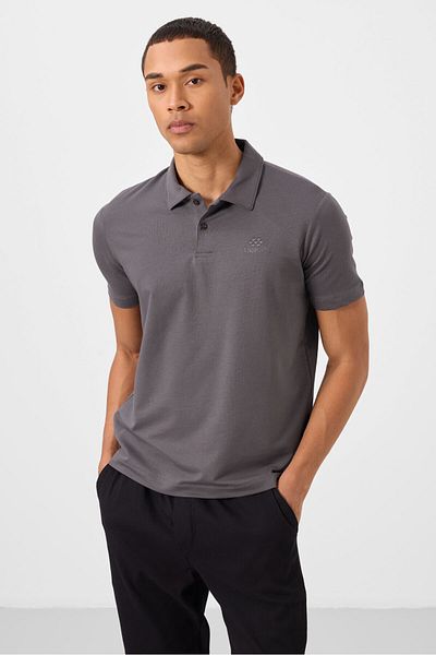 TOMMY LIFE Ανδρικό μπλουζάκι με γκρι σκούρο γκρι Standard Fit Basic Polo Neck - 87748