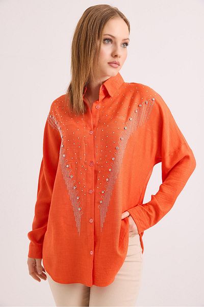 Raneel Kazançlı Alışveriş Stone Embroidered Comfortable Fit Linen Shirt Orange