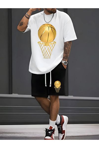 ACTIVE MODA - تي شيرت رجالي بأكمام قصيرة مطبوع عليه كرة السلة - طقم شورت مكون من قطعتين مقاس كبير من القطن