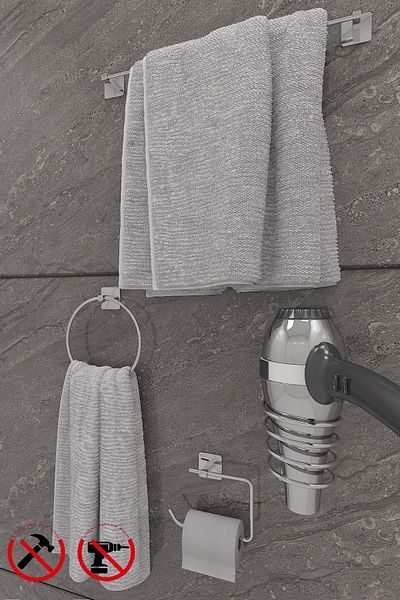 Alper Banyo Σετ μπάνιου Scilla Square Chrome 4 τεμαχίων με αυτοκόλλητο |   Μακρύς, δαχτυλιδιωτός θήκης για πετσέτες, τετράγωνη κρεμάστρα για πιστολάκι