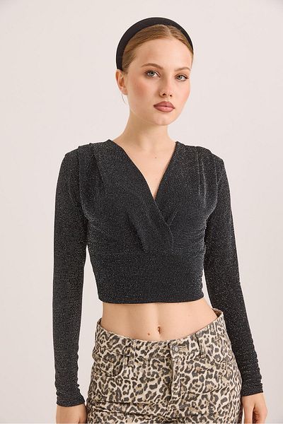 CALİENTE Διπλός γιακάς Glitter Crop Μπλούζα Μαύρη