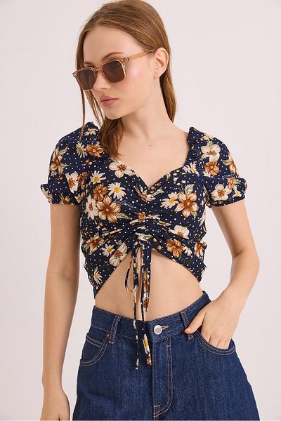 Raneel Kazançlı Alışveriş Patterned Princess Sleeve Front Gathered Blouse Navy Blue