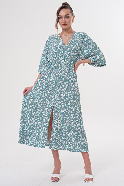 Siyezen Double Breasted Collar Elastic Waist Daisy Pattern Dress