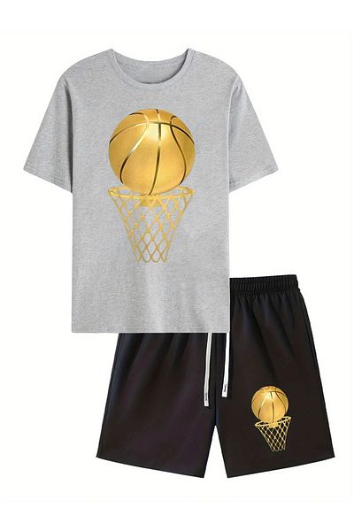 ACTIVE MODA - Men's Basketball Printed Short Sleeve Tshirt-Shorts 2-Piece Set Large Size Oversize Cotton