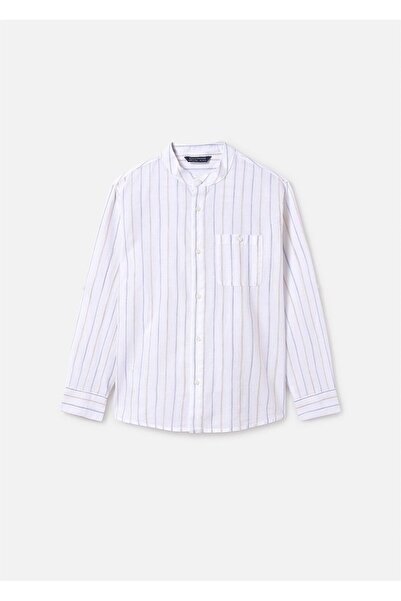 MAYORAL Cămașă cu mânecă lungă cu guler Mao în dungi pentru bărbați, albă 6141