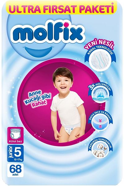 Molfix Panty Diaper Size:5 (12-17KG) Junior 136 Pieces Economic Ultra Opportunity Package