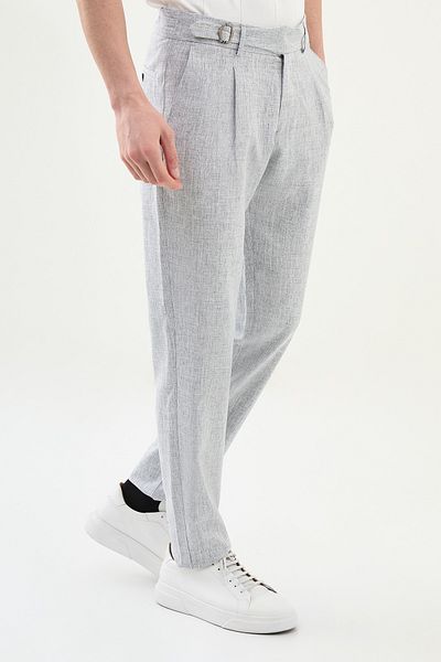 Mcr Slim Fit Pleated Linen Men's Trousers with Buckle at the Waist Navy Blue - 38306.25Y