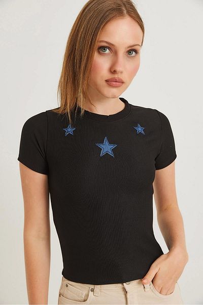Raneel Kazançlı Alışveriş Star Detailed Corded Short Sleeve Crop Blouse Black