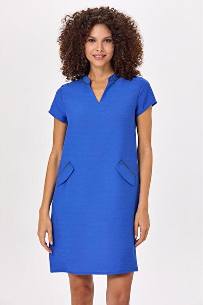 İKİLER Hakim Yaka Zincir Şerit Detaylı Elbise 025-4019