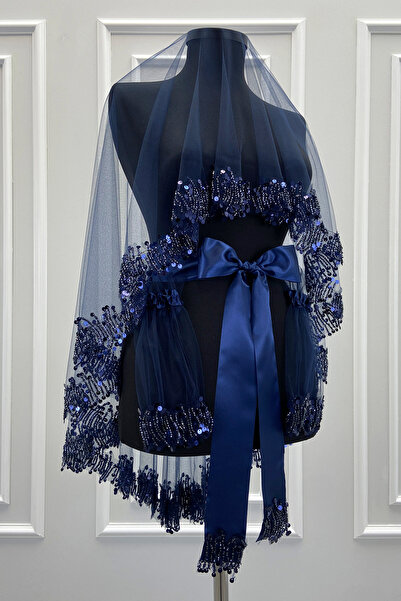 ZEYMERADE طقم حجاب زفاف باللون الأزرق الداكن، حبات زجاجية كريستالية لامعة وتر...