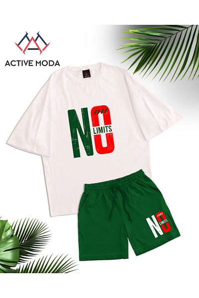ACTIVE MODA -قميص رجالي بأكمام قصيرة بدون طباعة - شورت طقم مكون من قطعتين مقاس كبير من القطن
