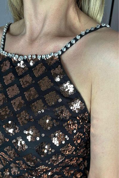 gesmoda G1276 Rochie de designer cu paiete Otriş și bretele Bronz