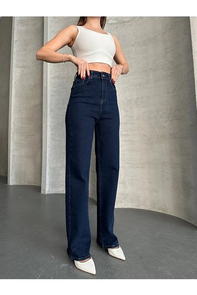 BEES JEANS Camelia Gold Ikon anii 90, albastru închis, bleumarin, pantaloni largi Palazzo cu talie super înaltă