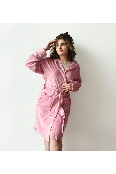 Özgüner Oyuncak Mother's Day - Women's Hooded Velvet Dressing Gown Set - Makeup Bag, Teddy Bear and Brooch Gift