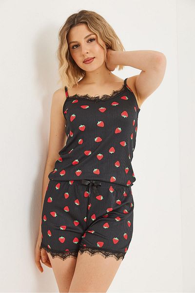 Raneel Kazançlı Alışveriş Set pijama cu dantelă și pantaloni scurți negri
