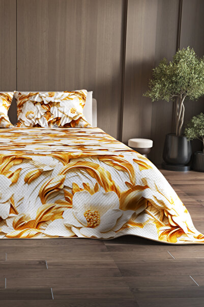 MonoHome Pike Takımı Pamuklu Çift Kişilik Jakar Dokuma Yatak Örtüsü Gold