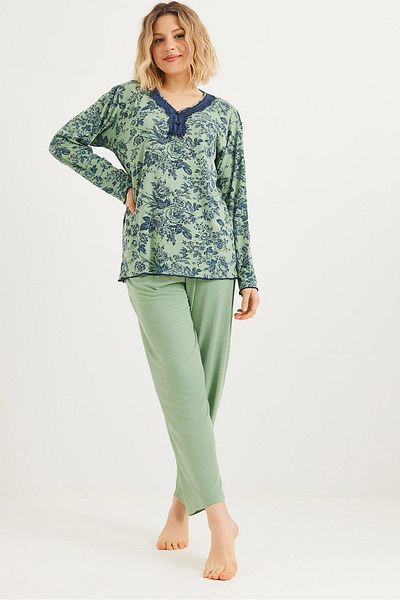 Raneel Kazançlı Alışveriş Set pijama cu maneca lunga cu guler din dantela verde