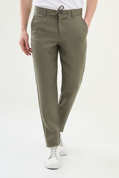 Mcr Straight Slim Fit Elastic Waist Drawstring 100% Linen Men's Trousers Khaki - 38305.25Y