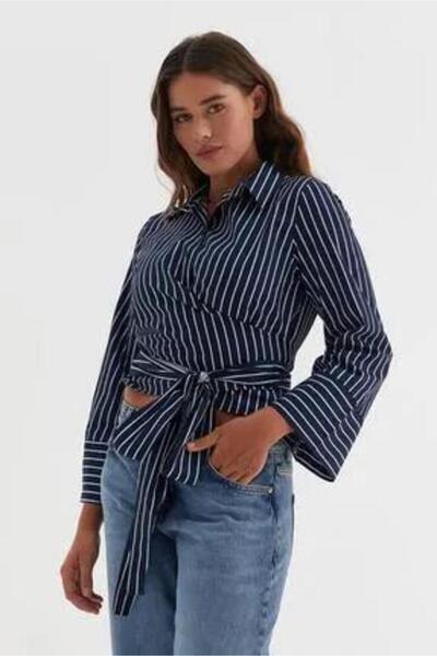 Moda Asrın Önden Bağlamalı Poplin Gömlek Özel Tasarım Gömlek Lacivert Gömlek