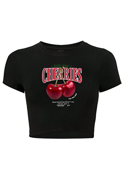 BRZ COLLECTION Tricou Cherries Crop pentru femei negru