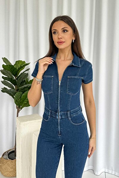 Mine Tan Butik Zipper Detailed Denim Women's Jumpsuit - Blue