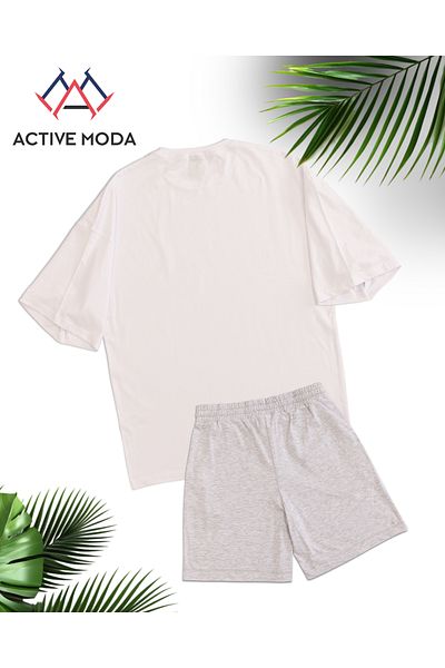 ACTIVE MODA -Men's Short Sleeve No Printed Tshirt-Shorts 2Pcs Set Large Size Oversize Cotton