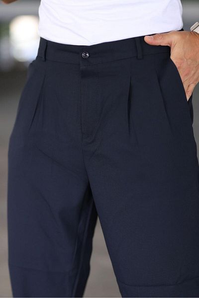 Mamlay Men's Baggy Double Pleated Dark Blue Color Elastic Waist Classic Loose Wide Leg Baggy Trousers