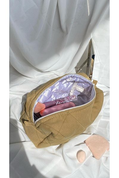 cosybag. Ватирана чантичка за грим от плат с шарки, кафява